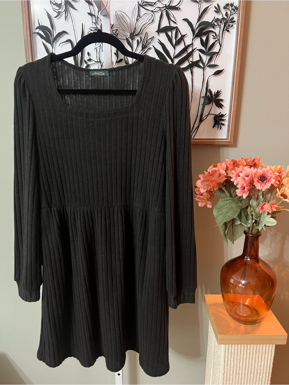 Ofeefan Black Ribbed Square Neckline Long Sleeve Knit Skater Dress Size Large